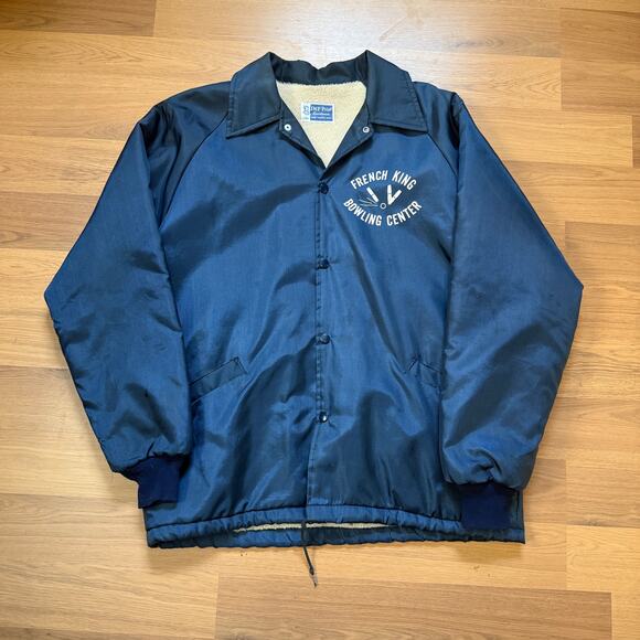 Men's Vintage 80's French King Bowling Center Blue Sherpa Lined Snap Jacket Sz M - Picture 1 of 8